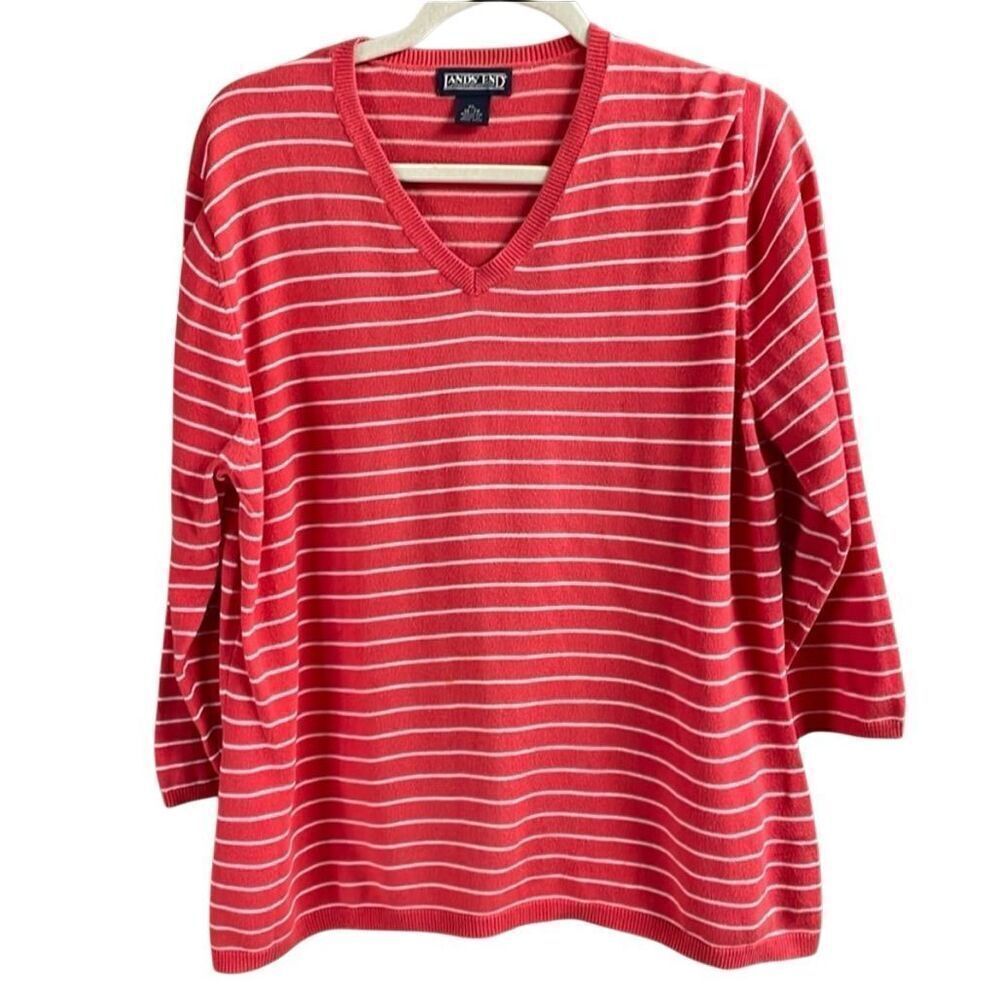 LANDS END Womens Striped Vneck Top Size XL 18/20 Red White Nautical